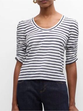 Striped Scoop Neck Long Sleeve Tee in White and Navy